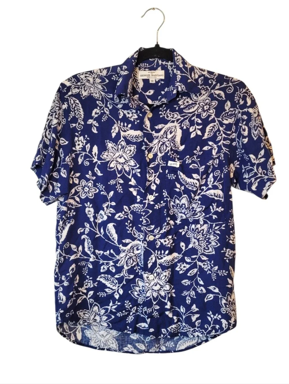 Vintage Guess Navy Blue and White Floral Button-Down Shirt Size 0